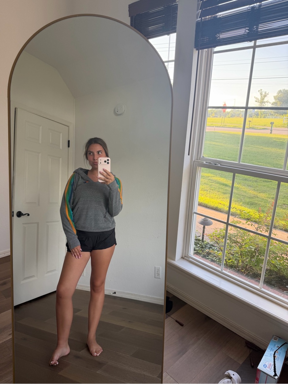 Aviator Nation Gray Hoodie with Rainbow Sleeve Stripes